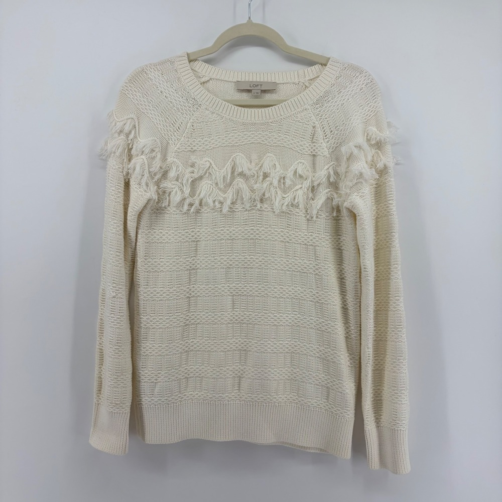 Loft Womens Medium Cream White Pullover Sweater Fringe Textured Cotton Knit